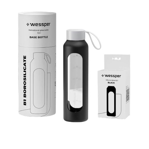 Butelka na wodę, Wessper B1, motywacyjna, z miarką, z etui, szkło borokrzemowe, bidon, 500ml, czarna, 1szt