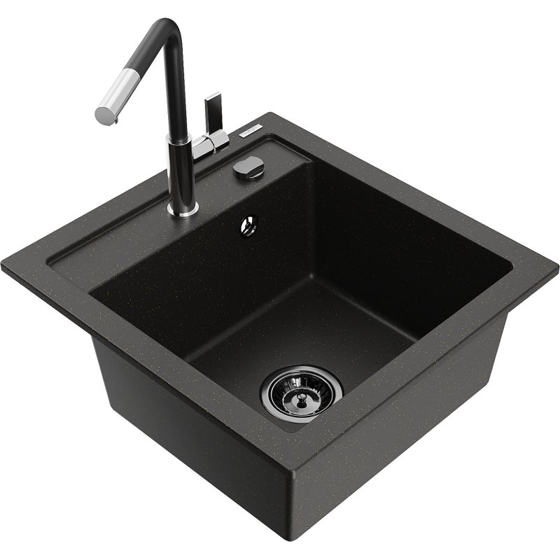 Zlewozmywak granitowy 1-komorowy Mexen Vito z baterią kuchenną Flora czarny/złoty metalik 6503-75-670401-07-B