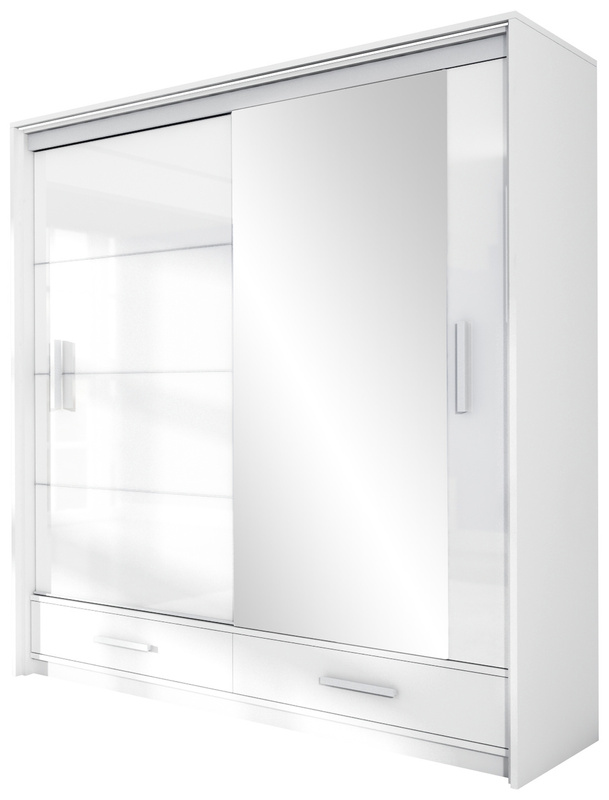 Biała szafa przesuwna 208 cm z lustrem i półkami MESTRE