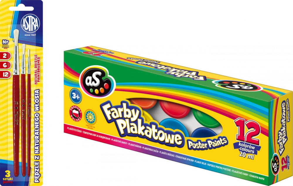 Zestaw: Farby plakatowe Astra AS, 20ml, 12 sztuk, mix kolorów + Zestaw pędzli Astra, z naturalnego włosia, rozmiar 2/6/12, 3 sztuki
