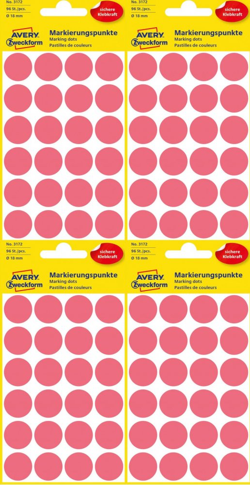 4x Etykiety Avery Zweckform, okrągłe, średnica 18mm, 96 sztuk, czerwony odblaskowy