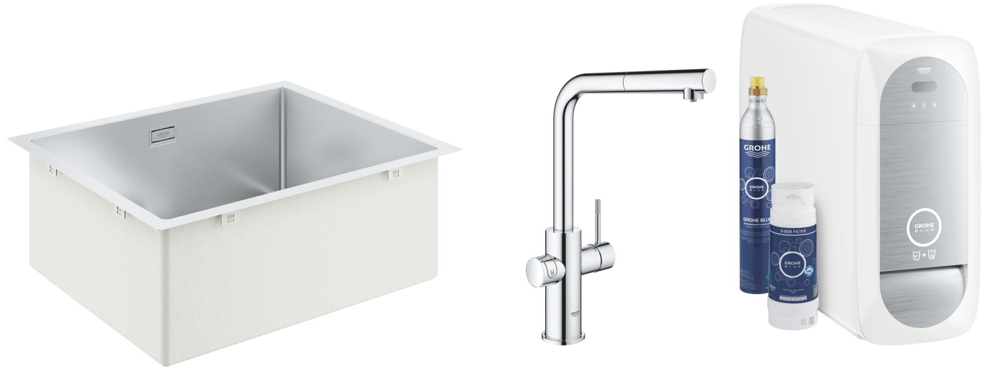 Zestaw Grohe K700 zlewozmywak 55x45 cm stal szlachetna z baterią kuchenną filtrującą Blue Home chrom (31726SD0, 31539000) - Wysyłka w 24h