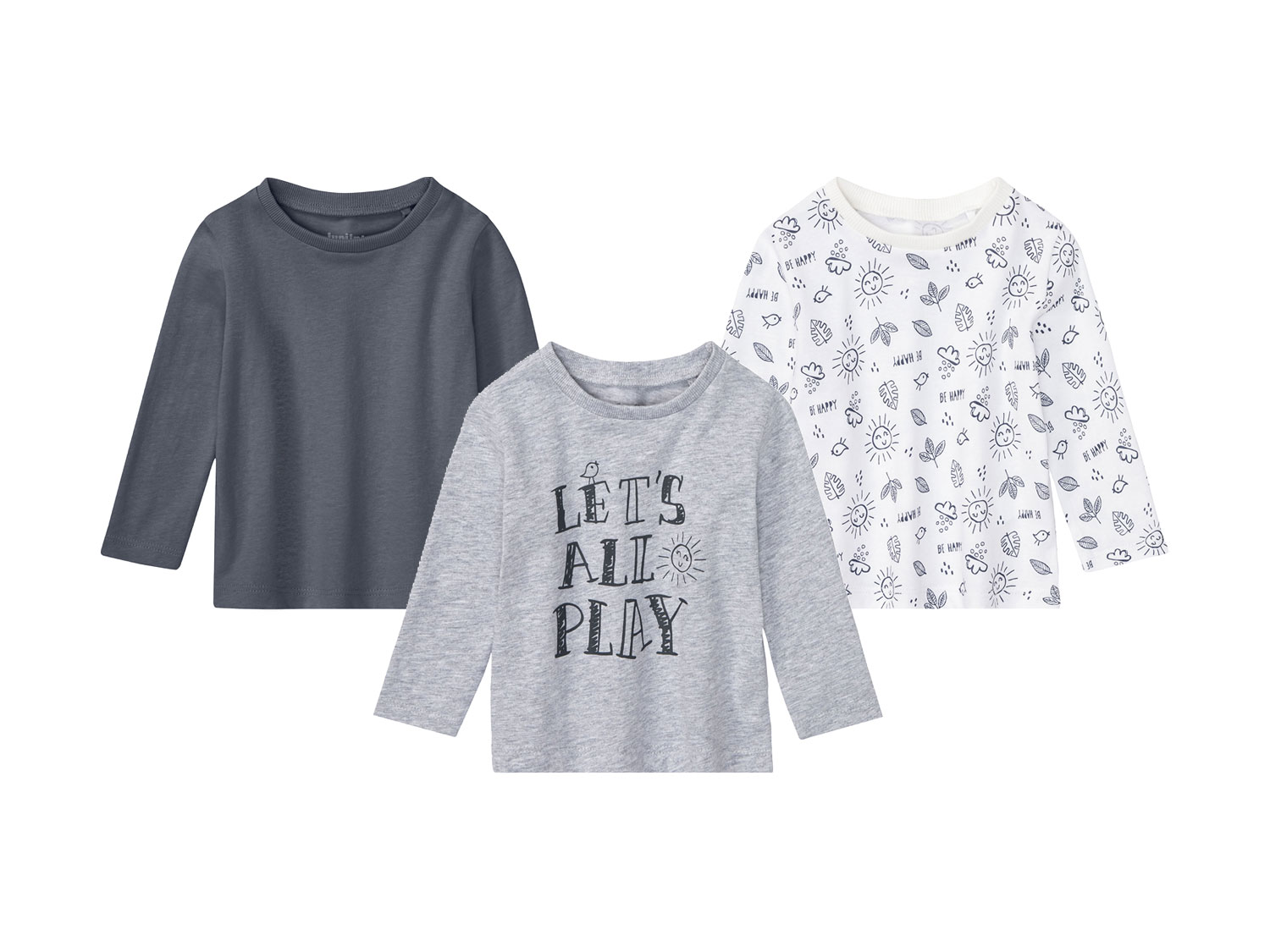 lupilu Koszulka niemowlęca bawełniana z długim rękawem, 3 sztuki Biały/granatowy/szary, 86/92