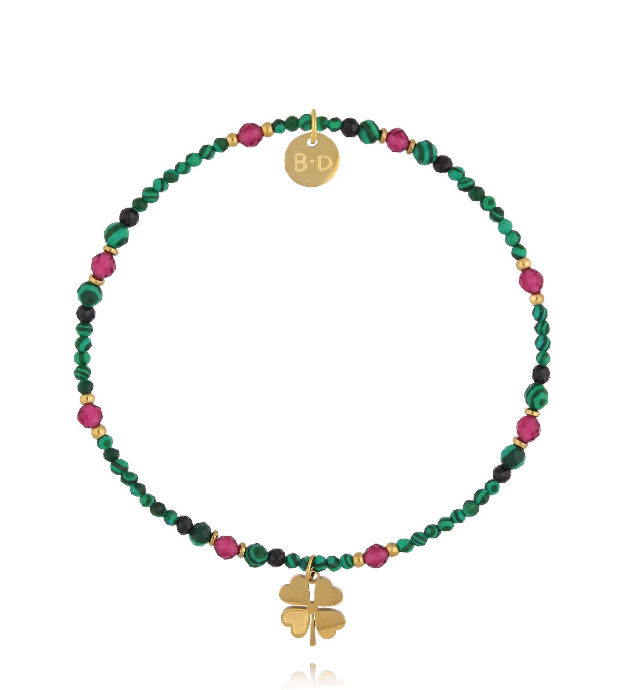 Bransoletka z malachitu, czarnego turmalinu i fuksjowych koralików ze złotą koniczyną - By Dziubeka