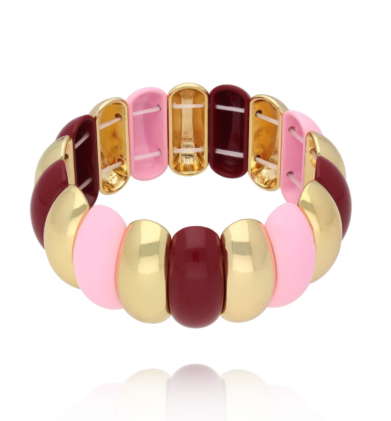 Bransoletka elastyczna z szerokich ogniw – róż, bordo i złoto BCR0097