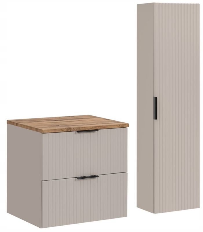 Szafka pod umywalkę i słupek Furnidea 60 cm + 35 cm kaszmir dąb Wotan ryflowany Adel zestaw