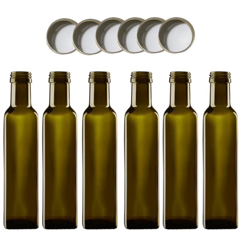 Butelki szklane MODO24 250 ml maraska kwadratowa zielona na olej i oliwę fi 31 z nakrętkami 6 szt.