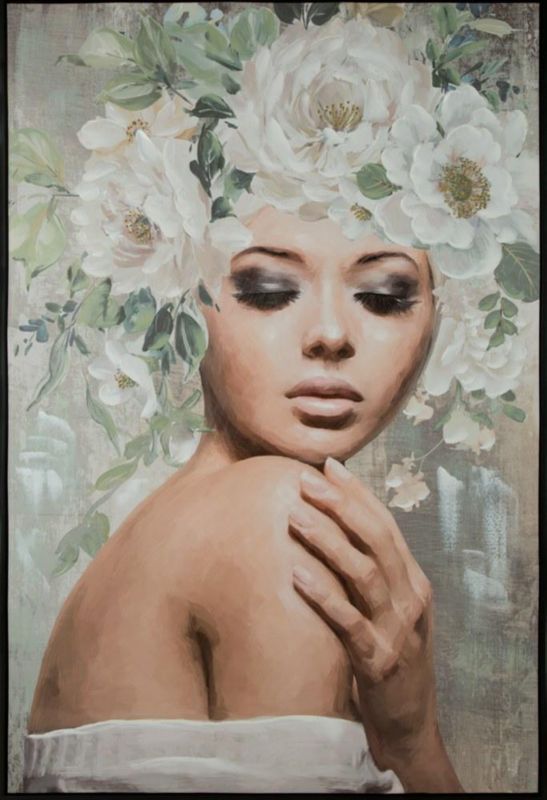 Obraz 573B Eurofirany 80x120 cmi popielato, zielona ręcznie malowana na płótnie kobieta z kwiatami 1 szt.