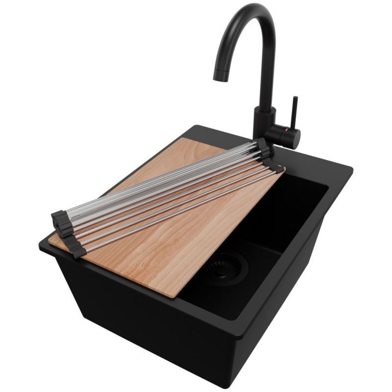 Zlewozmywak Granitowy Ryga PRIMAGRAN Nablatowy 38x50cm do szafki od 40cm z Syfonem i Baterią i Dodatkiem Cały Czarny 1 szt.