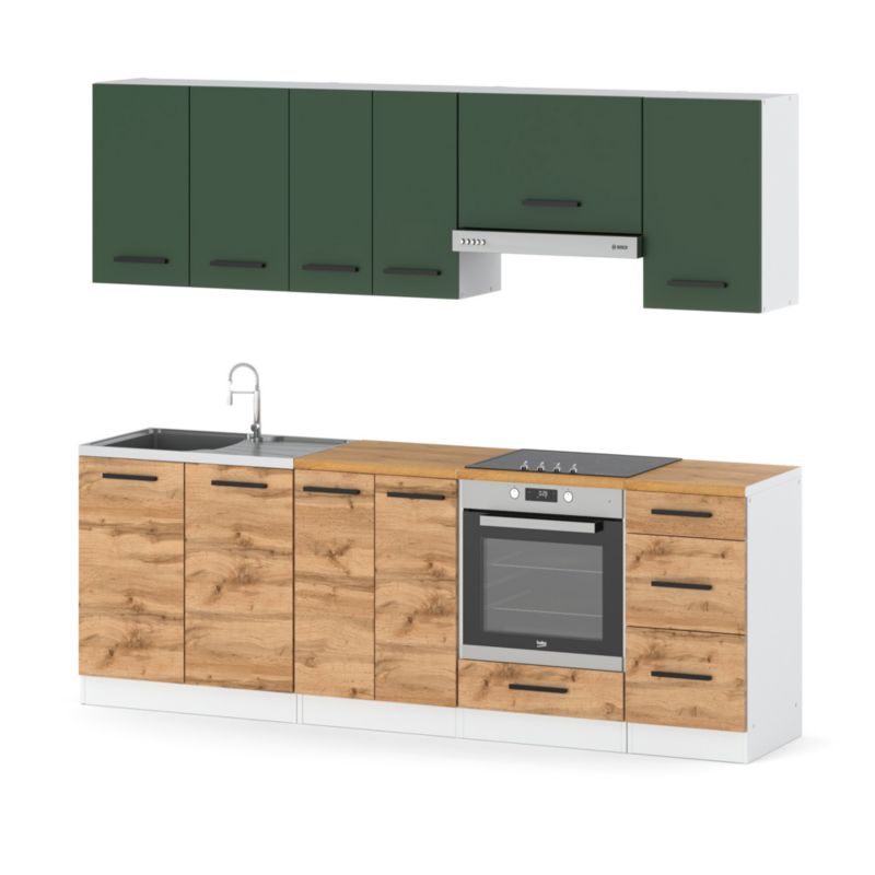 Zestaw Kuchenny Hurtownia-Mebli Z Blatem Kuchnia Mokka Plus 240cm Biały Mat Butelkowa Zieleń/Dąb Wotan 240x47x145 cm 1szt.