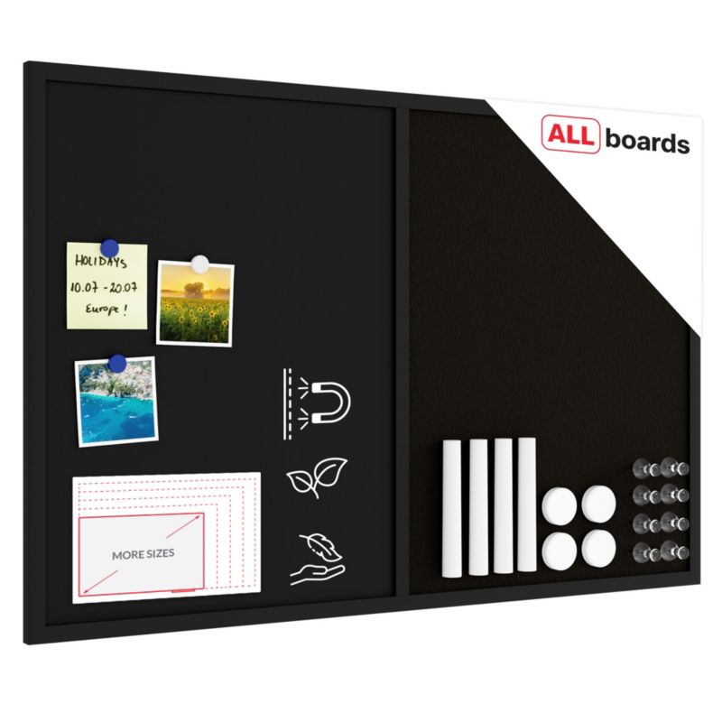 Tablica magnetyczna kredowo-korkowa ALLboards 90x60 cm powierzchnia korkowa i rama czarna 1 szt.