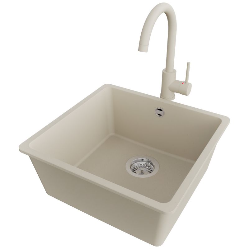 Zlewozmywak podblatowy Wenecja Easy PRIMAGRAN 46x44cm do szafki od 50cm, Beżowy + Bateria 32x20cm + Syfon, S043, 1 szt.