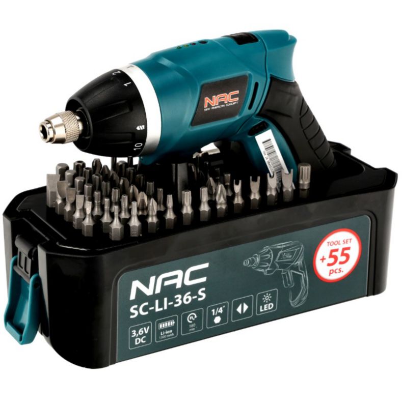 Akumulatorowy wkrętak NAC 3,6V z zestawem 55 szt akcesoriów SC-LI-36-S NAC 1szt.