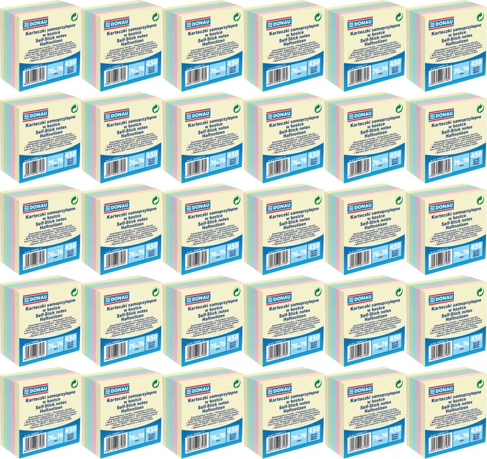 32x Karteczki samoprzylepne Donau, 76x76mm, 450 karteczek, mix kolorów pastelowych
