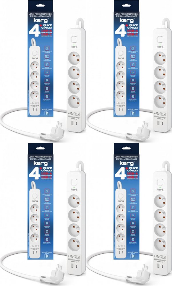 4x Listwa przeciwprzepięciowa Kerg, 1.5m, 4 gniazda + szybka ładowarka 1xUSB-A/1x USB-C, biało-szary