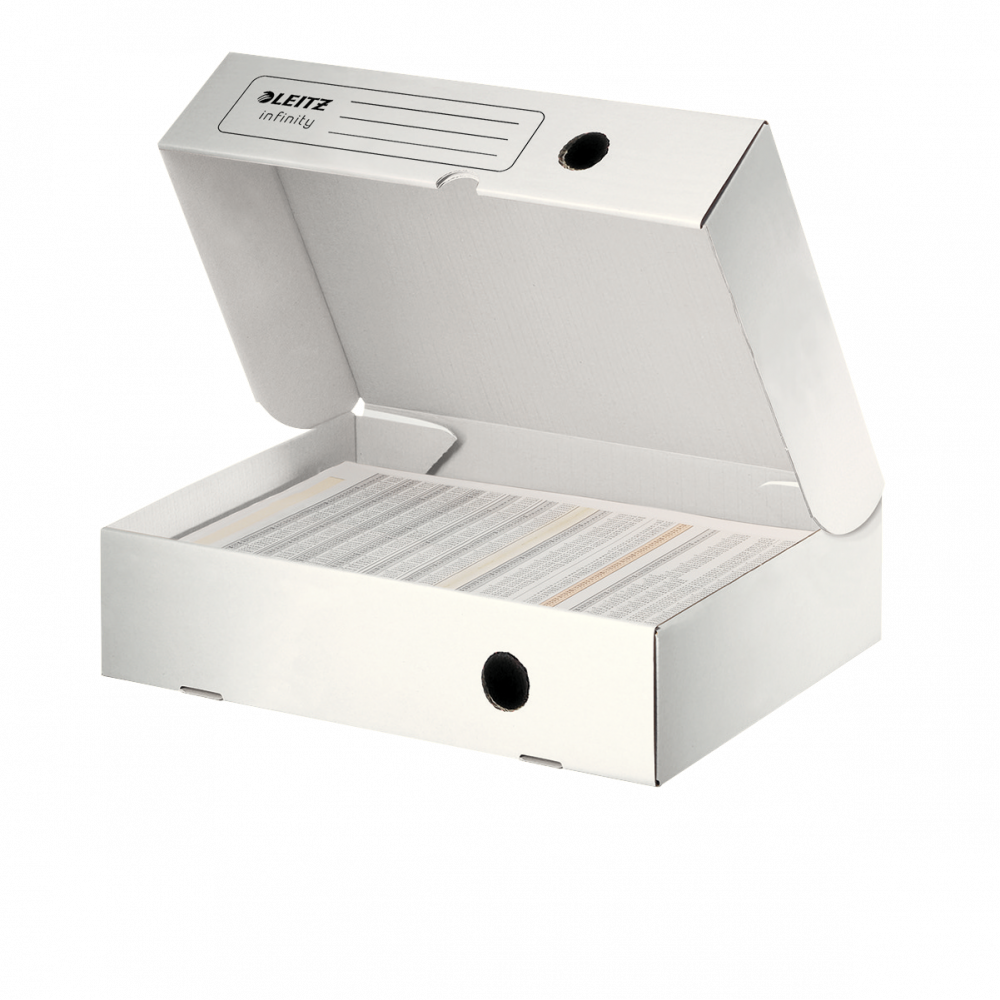 Pudło archiwizacyjne Leitz Infinity, otwierane z szerszej strony, 80mm, biały