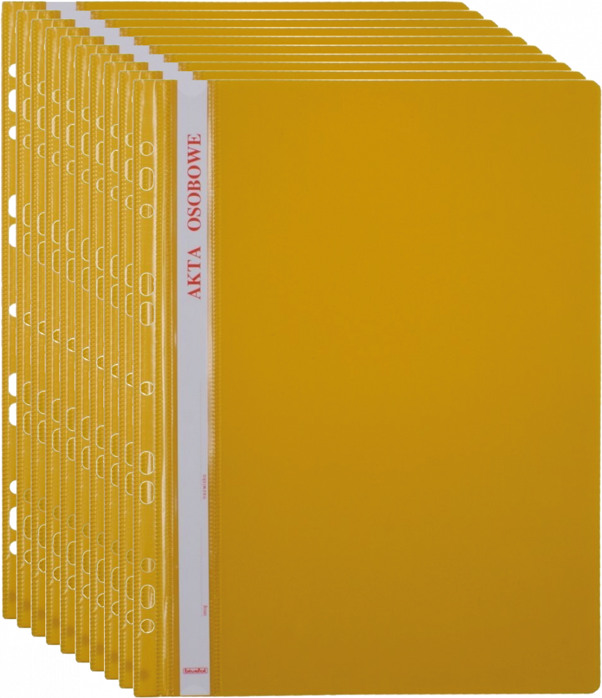 10x Skoroszyt plastikowy oczkowy Biurfol, do akt osobowych, A4, do 200 kartek, żółty