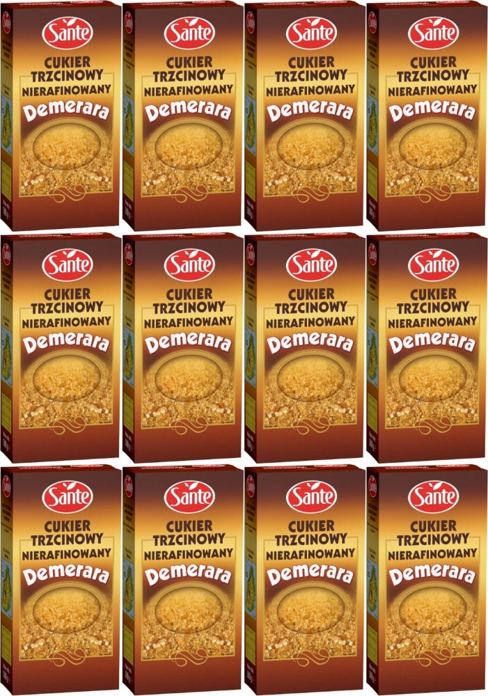 12x Cukier trzcinowy brązowy Sante Demerara, 500g