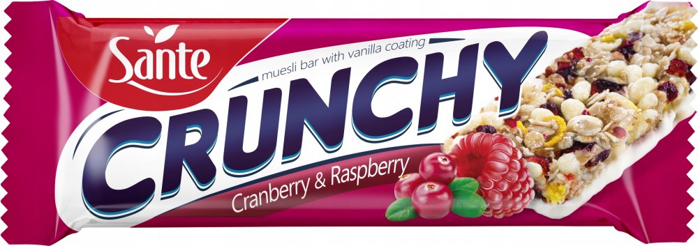 Baton Crunchy Sante, żurawina i malina w polewie waniliowej, 40g