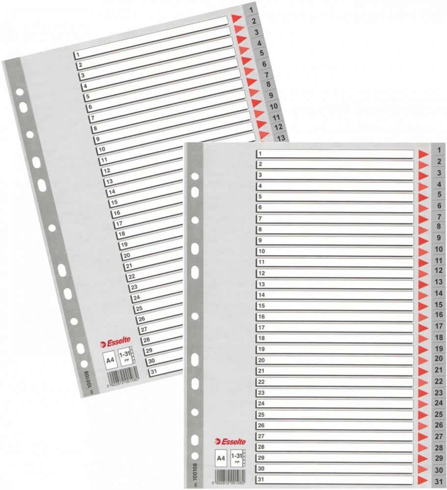 2x Przekładki do segregatora Esselte, plastikowe, numeryczne, A4, 31 kart, szary