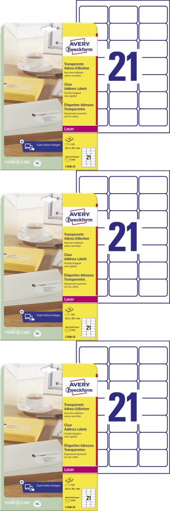 3x Etykiety adresowe Avery Zweckform QuickPeel, 63.5x38.1mm, 25 arkuszy, przezroczysty