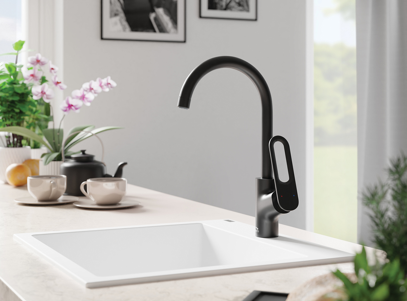 Laveo Tierra bateria kuchenna stojąca z wylewką U czarna BAJ768D