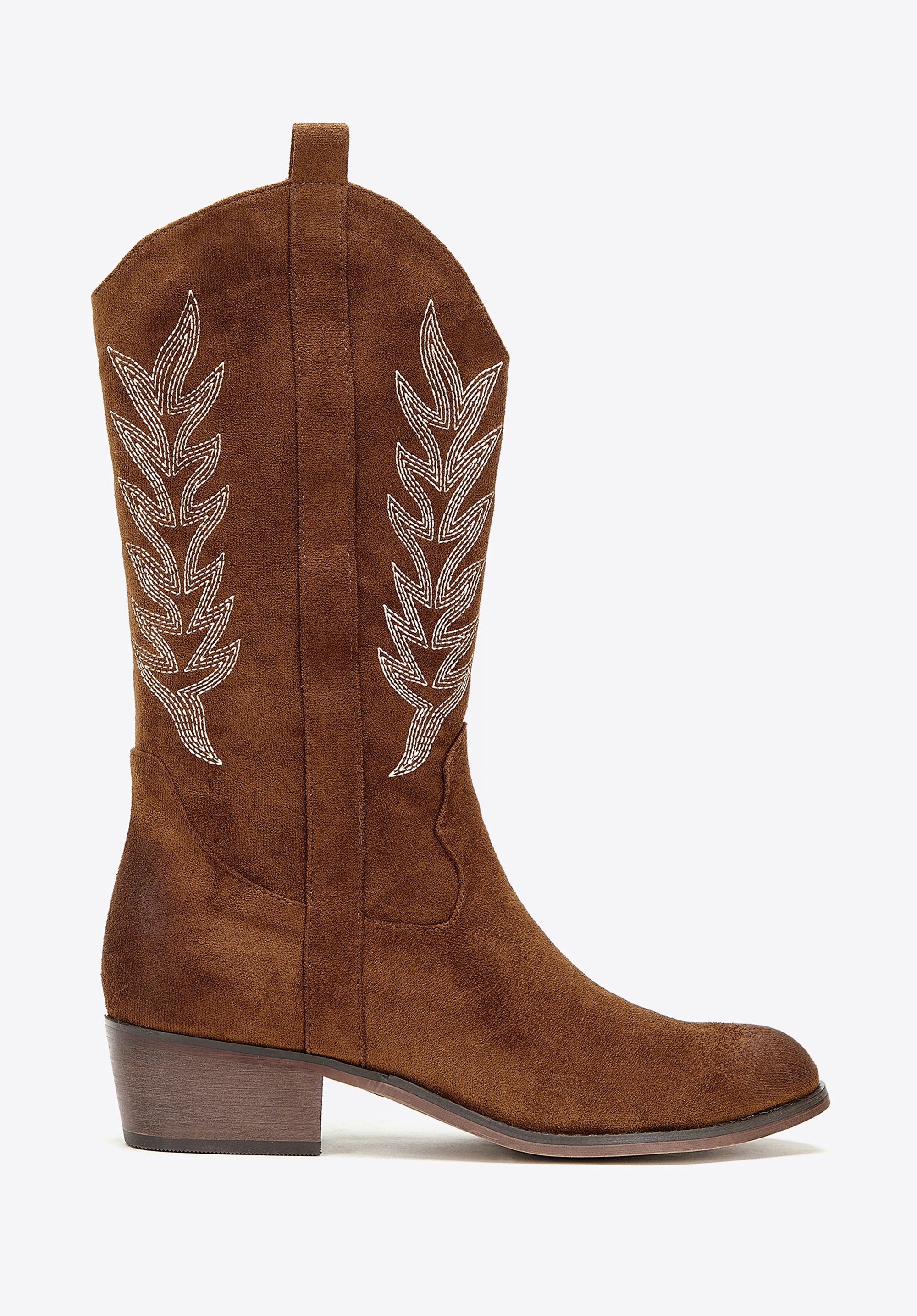 Damskie kowbojki z kontrastowym haftem brązowe