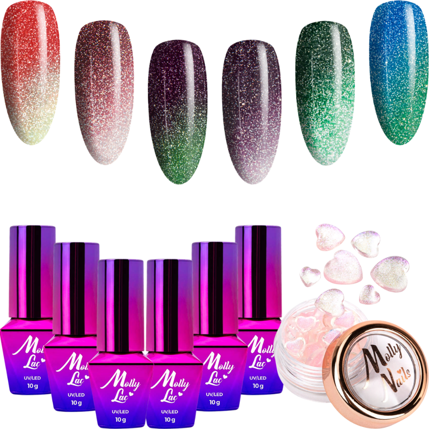 6x Lakier Hybrydowy MOLLYLAC Thermo Flashing Lights 10g + Ozdoby Serca 3D ZESTAW