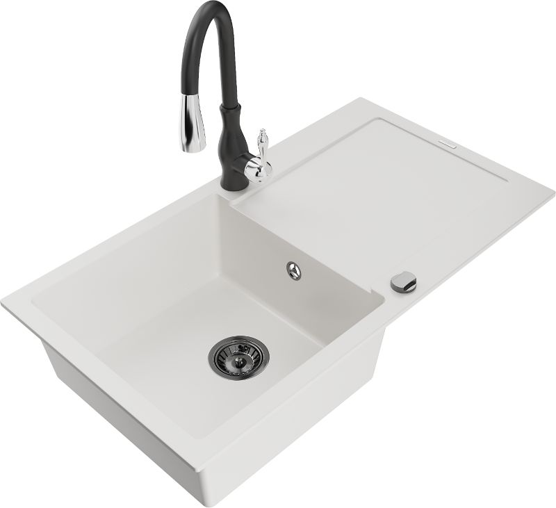 Zlewozmywak granitowy Mexen Leo 1-komorowy z ociekaczem i baterią kuchenną Savita czarny/złoty - 6501-75-672601-00 1 szt.