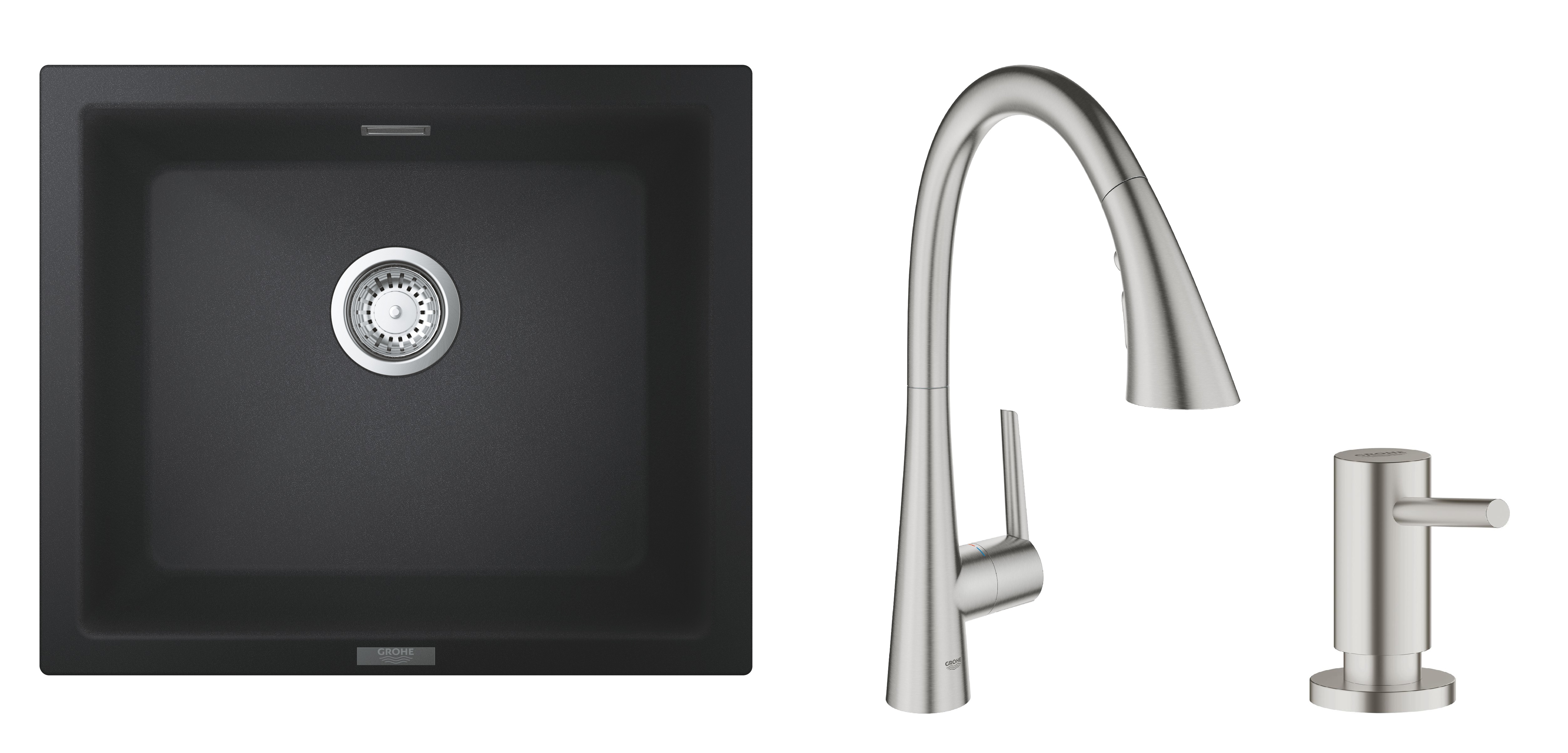 Zestaw Grohe K700U zlewozmywak granitowy 53,3x45,7 cm z baterią Grohe Zedra i dozownikiem Grohe Cosmopolitan czarny/stal nierdzewna ...