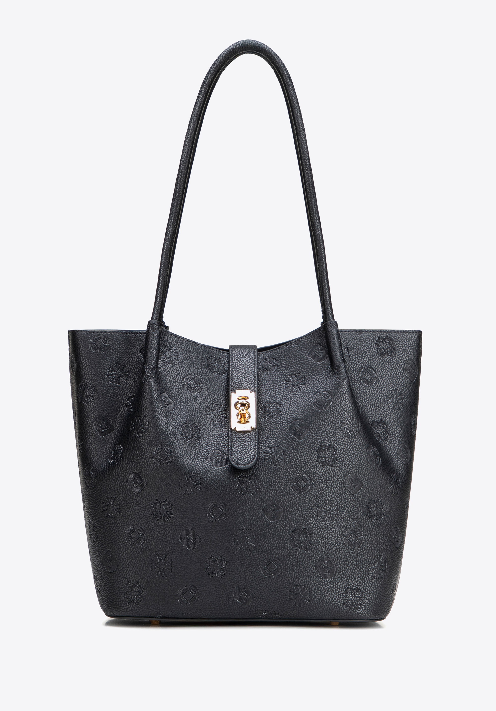 Damski kuferek z ekoskóry z tłoczoną sygnaturą duży czarny