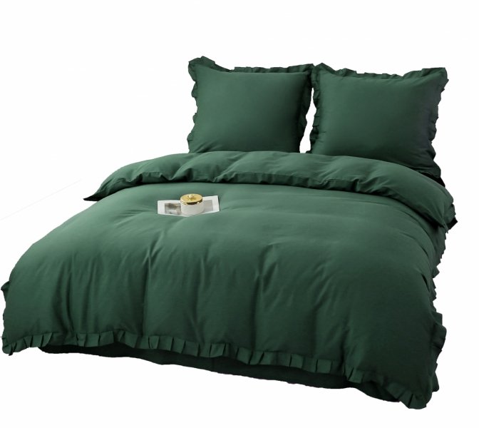 Pościel bawełna satynowa z falbanką 140x200 - wz. butelkowa zieleń