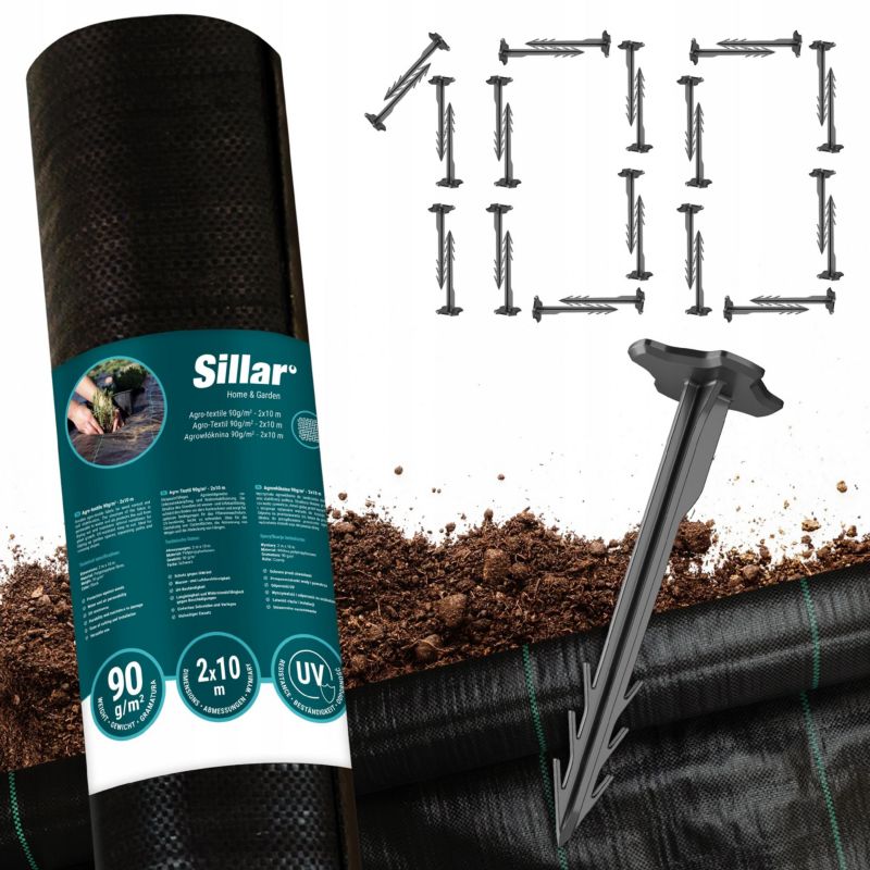 Agrotkanina, Sillar, antychwastowa, 90g/m2, 2x10m + Kotwy gruntowe, 100szt, 12cm, zestaw, 2szt