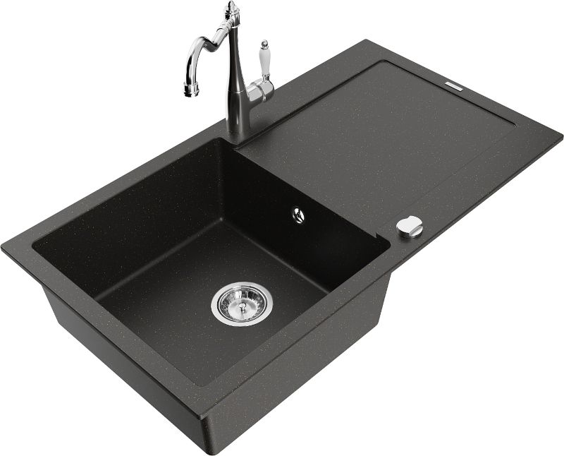 Zlewozmywak granitowy Mexen Leo 1-komorowy z ociekaczem i baterią kuchenną Carla czarny/złoty 6501-75-670700-00
