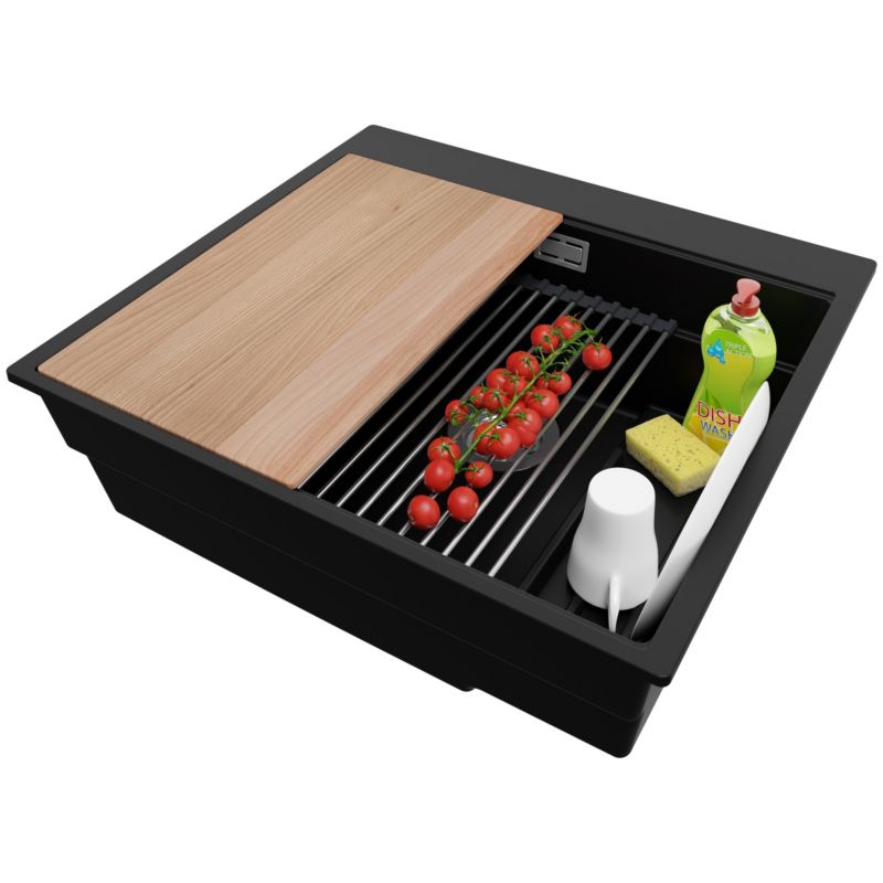 Zlewozmywak Oslo Max PRIMAGRAN Nablatowy 58x53cm do szafki od 60cm, Czarny + Syfon + Akcesoria, S035, 1 szt.