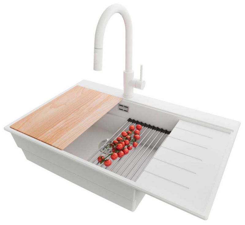 Zlewozmywak Granitowy Sydney PRIMAGRAN Nablatowy 78x50cm do szafki od 60cm, Biały + Bateria 40x20cm + Syfon + Akcesoria, , 1 szt.