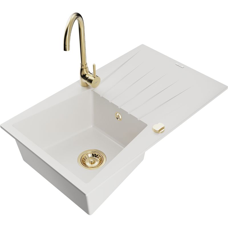 Zlewozmywak granitowy 1-komorowy Mexen Cesar z ociekaczem i baterią kuchenną Telma czarny nakrapiany - 6514-76-670200-76 1 szt.