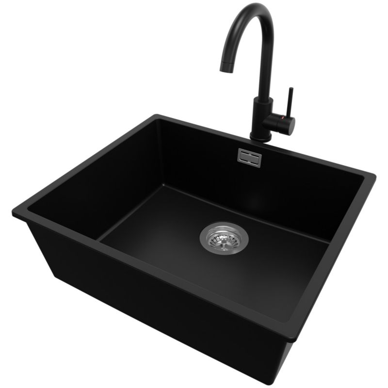 Zlewozmywak Granitowy Londyn Slim PRIMAGRAN Nablatowy 56x47cm do szafki od 60cm, Czarny + Bateria 32x20cm + Syfon, S307, 1 szt.