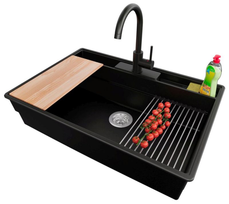 Zlewozmywak Granitowy Nowy Jork PRIMAGRAN Nablatowy 78x53cm do szafki od 80cm, Czarny + Bateria + Syfon + Akcesoria, , 1 szt.