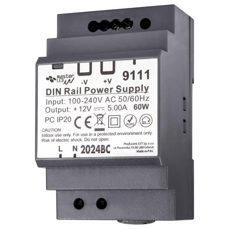 Zasilacz LED MasterLED na szynę DIN 12V 60W 5A IP20 52x58.5x92.5 mm 1 szt.