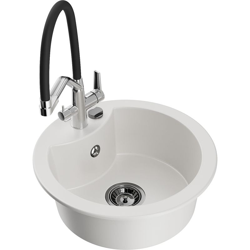 Zlewozmywak granitowy 1-komorowy Mexen Diego z baterią kuchenną Duo biały 6512-20-671701-07-B