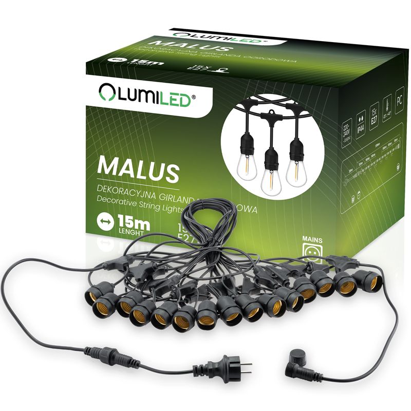 Girlanda Ogrodowa Zewnętrzna MALUS Łańcuch Świetlny 15m 15x E27 LUMILED