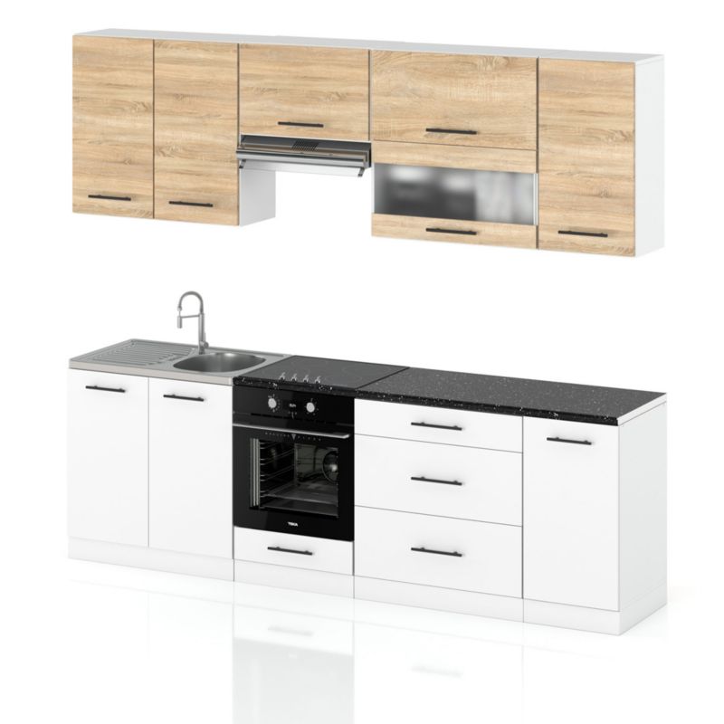 Zestaw Kuchenny Hurtownia-Mebli Z Blatem Kuchnia Marocco 260cm Biały Mat Dąb Sonoma/Biały Mat 260x52x157 cm 1szt.