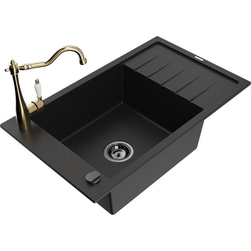Zlewozmywak granitowy 1-komorowy Mexen Elias z ociekaczem i baterią kuchenną Carla czarny 6511-77-670700-50-B