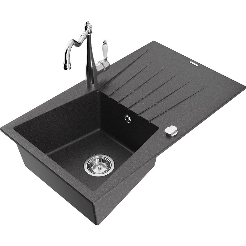Zlewozmywak granitowy 1-komorowy Mexen Cesar z ociekaczem i baterią kuchenną Carla czarny nakrapiany 6514-76-670700-00