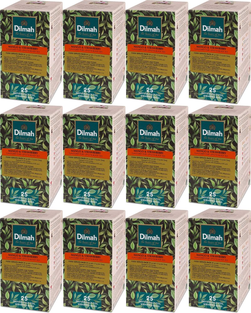 12x Herbata czarna aromatyzowana w kopertach Dilmah, mango i truskawka, 25 sztuk x 2g