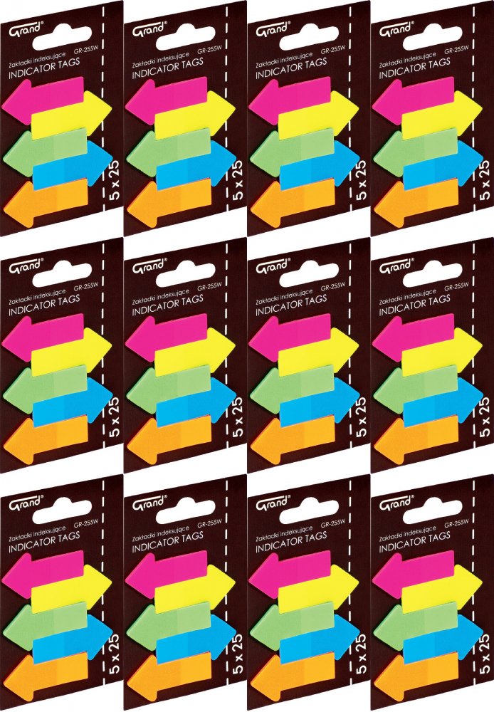 12x Zakładki samoprzylepne Grand GR-255W, strzałki, indeksujące, folia, 45x23mm, 5x25 sztuk, mix kolorów