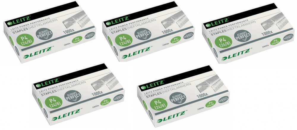 5x Zszywki wytrzymałe Leitz Power Performance, 24/8, 1000 sztuk, srebrny