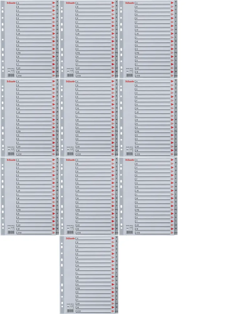 10x Przekładki do segregatora Esselte, plastikowe, alfabetyczne, A4, 20 kart, szary