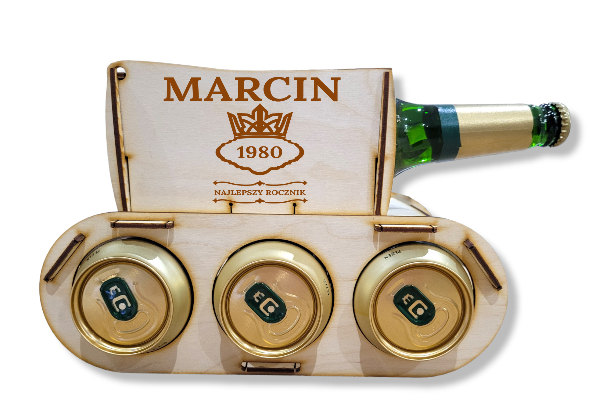 Drewniany czołg na piwo, alkohol, prezent 18, 30, 40, 50 urodziny dla dziadka, chłopaka, taty, kawalerski - GRAWER, IMIĘ, NAPIS